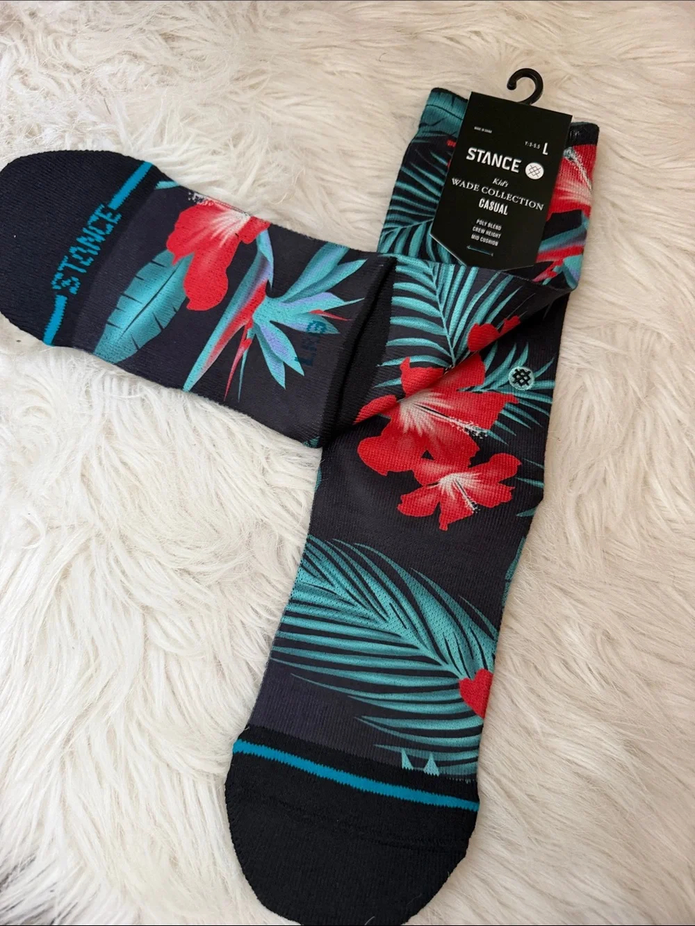 🌺 Stance Kid’s Black Crew Socks w/ Red Floral & Teal Palm Print WADE COLLECTION